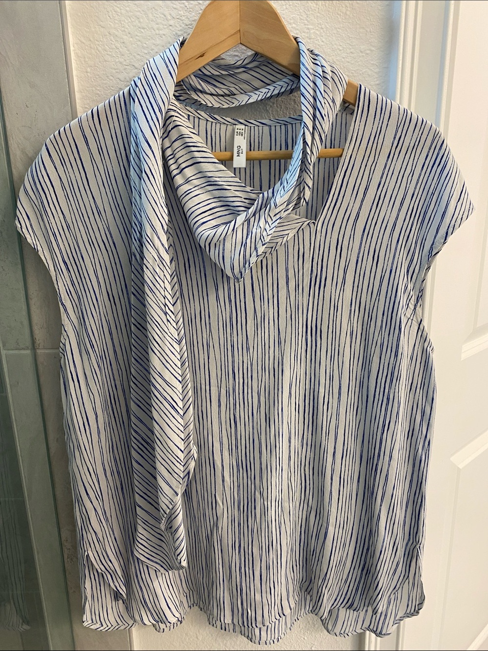 Mango White Blouse with Navy Pinstripe Scarf Neck